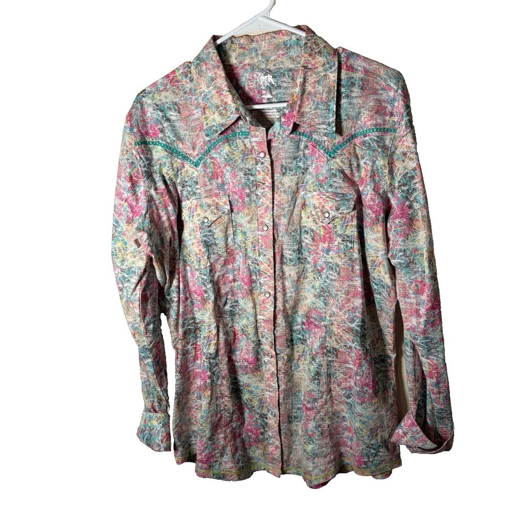 Rock 47 by Wrangler Shirt Women's XL Colorful Button Up Printed Long Sleeve Top
